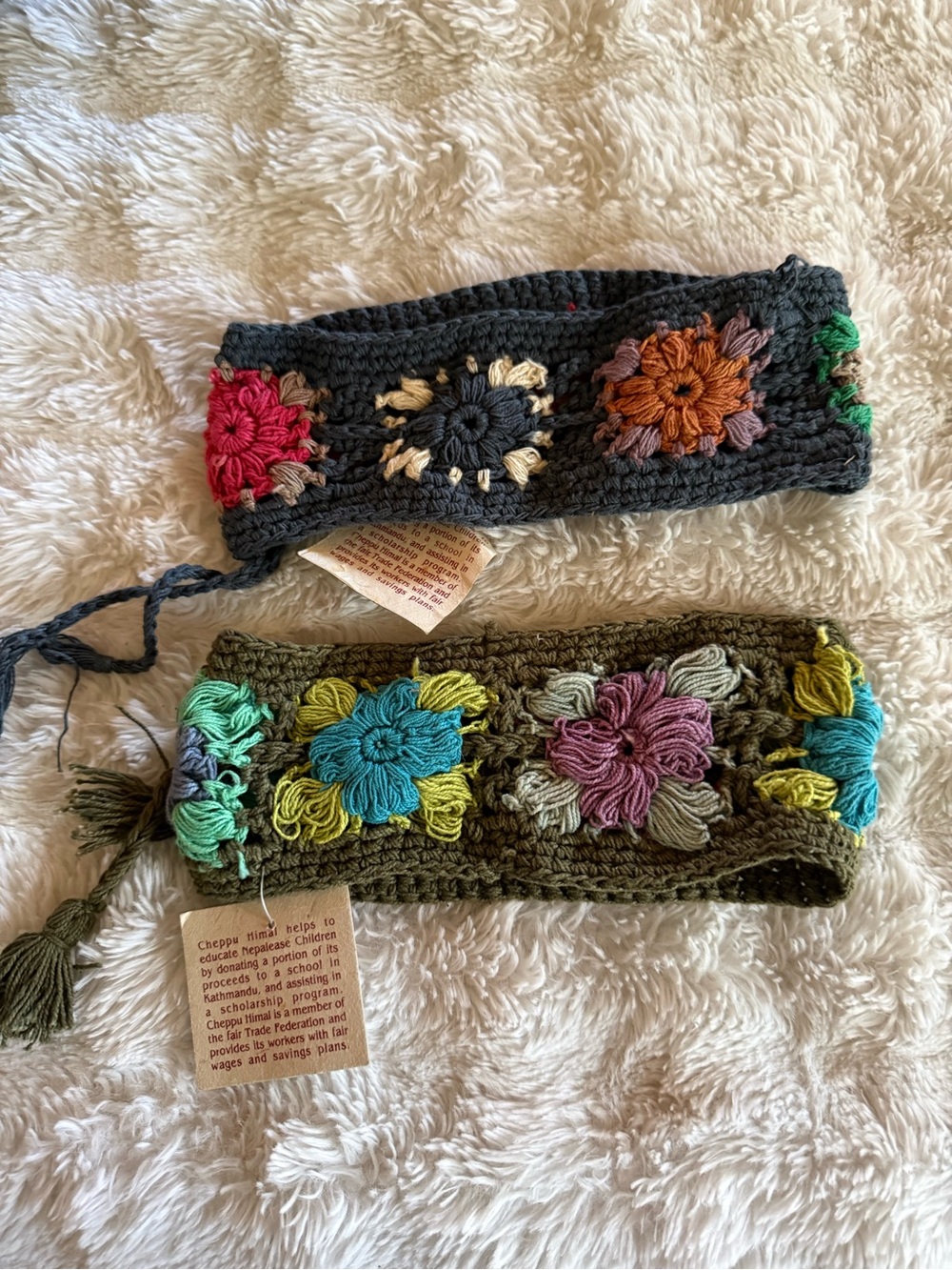 Crocheted Floral Headbands - Multicolor on Olive and Black